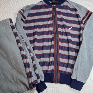 Vintage Jantzen Navy, Gray & Maroon Striped Zip Tracksuit Terrycloth Drawstring